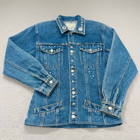 Vintage Freego Denim Jacket Womens medium Bedazzled Jeweled Rhinestone Classic - Picture 1 of 13